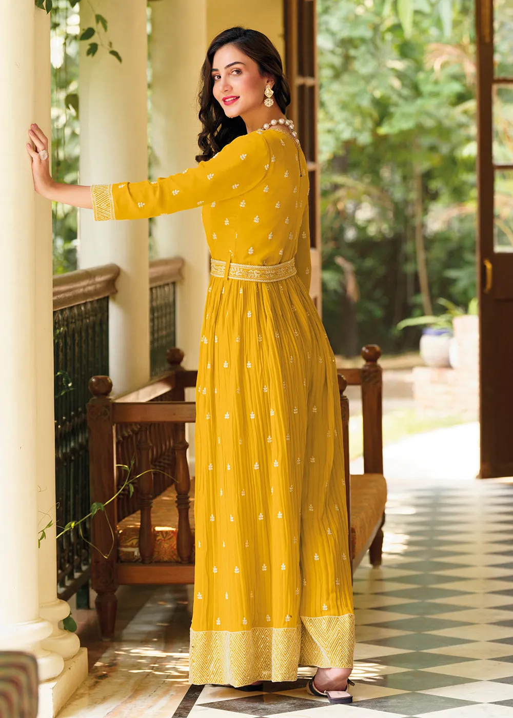 Mustard Yellow Indo-Western Embroidered Georgette Jumpsuit