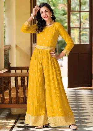 Mustard Yellow Indo-Western Embroidered Georgette Jumpsuit