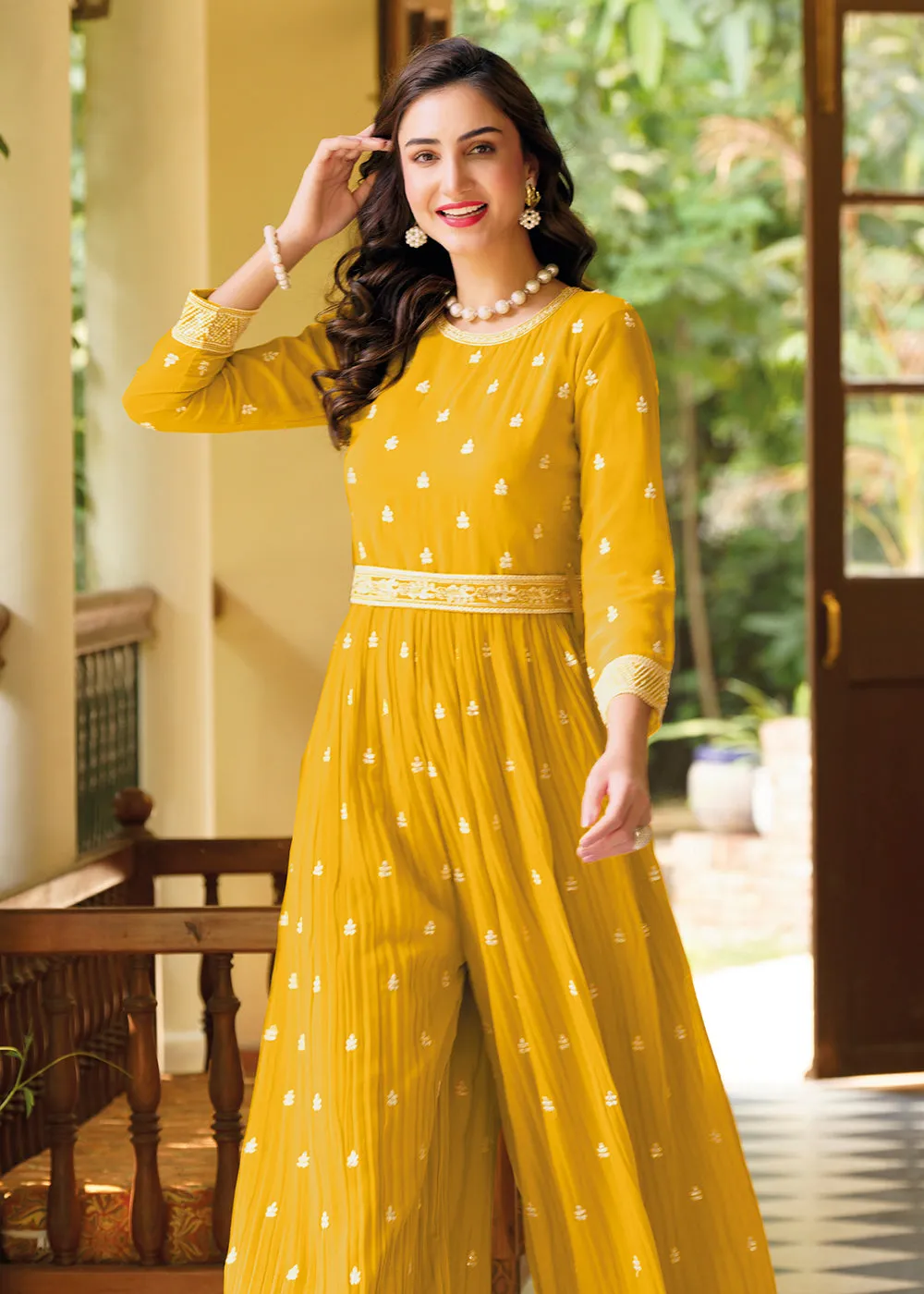 Mustard Yellow Indo-Western Embroidered Georgette Jumpsuit