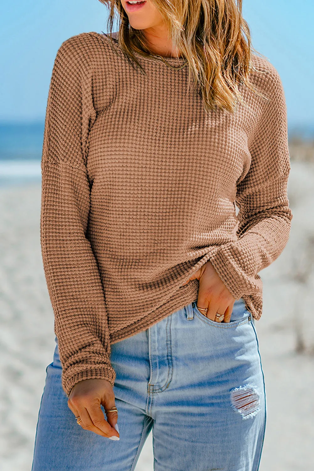 Navy Blue Waffle Knit Drop Shoulder Long Sleeve Top