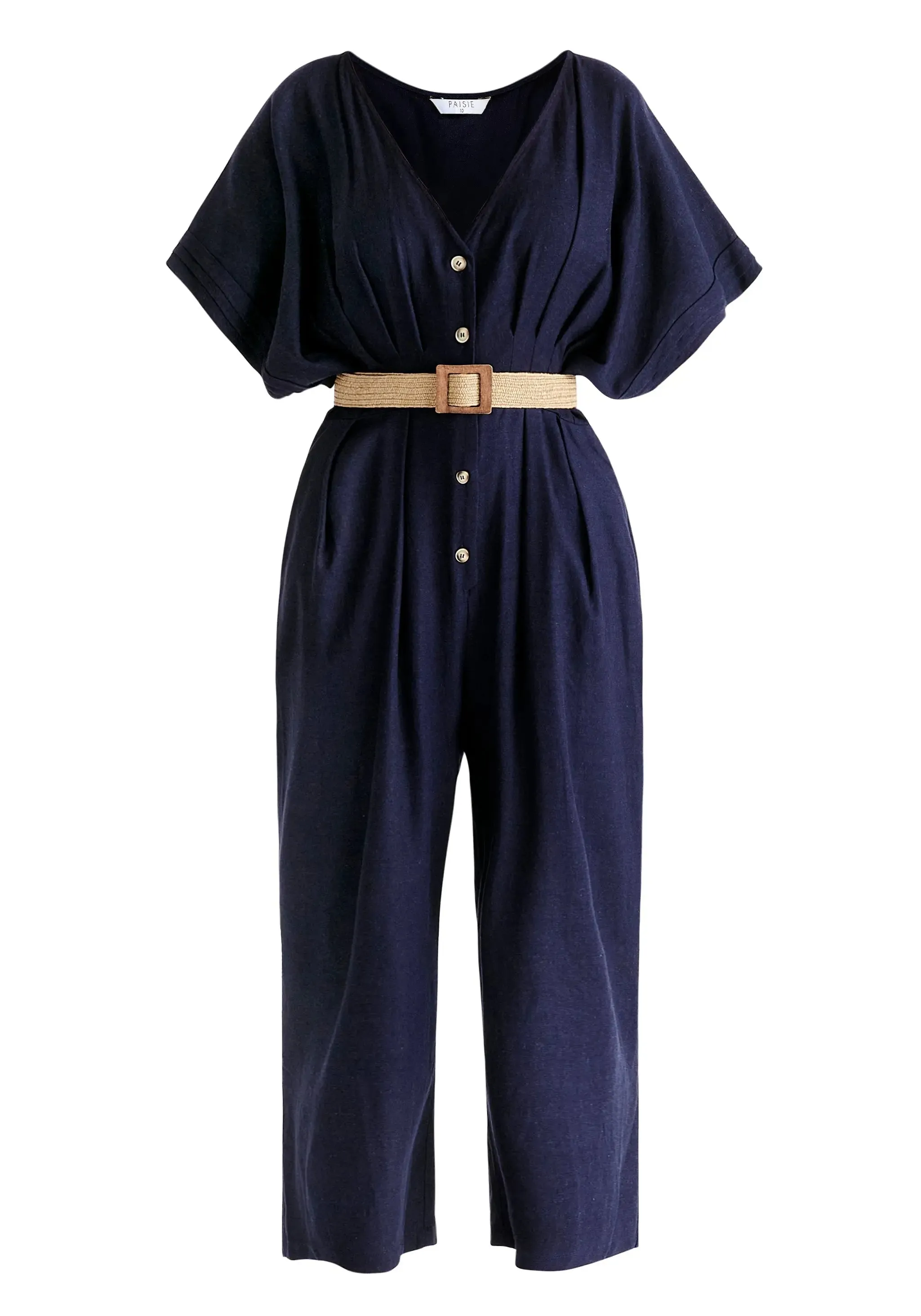 Navy Linen Blend Button Jumpsuit