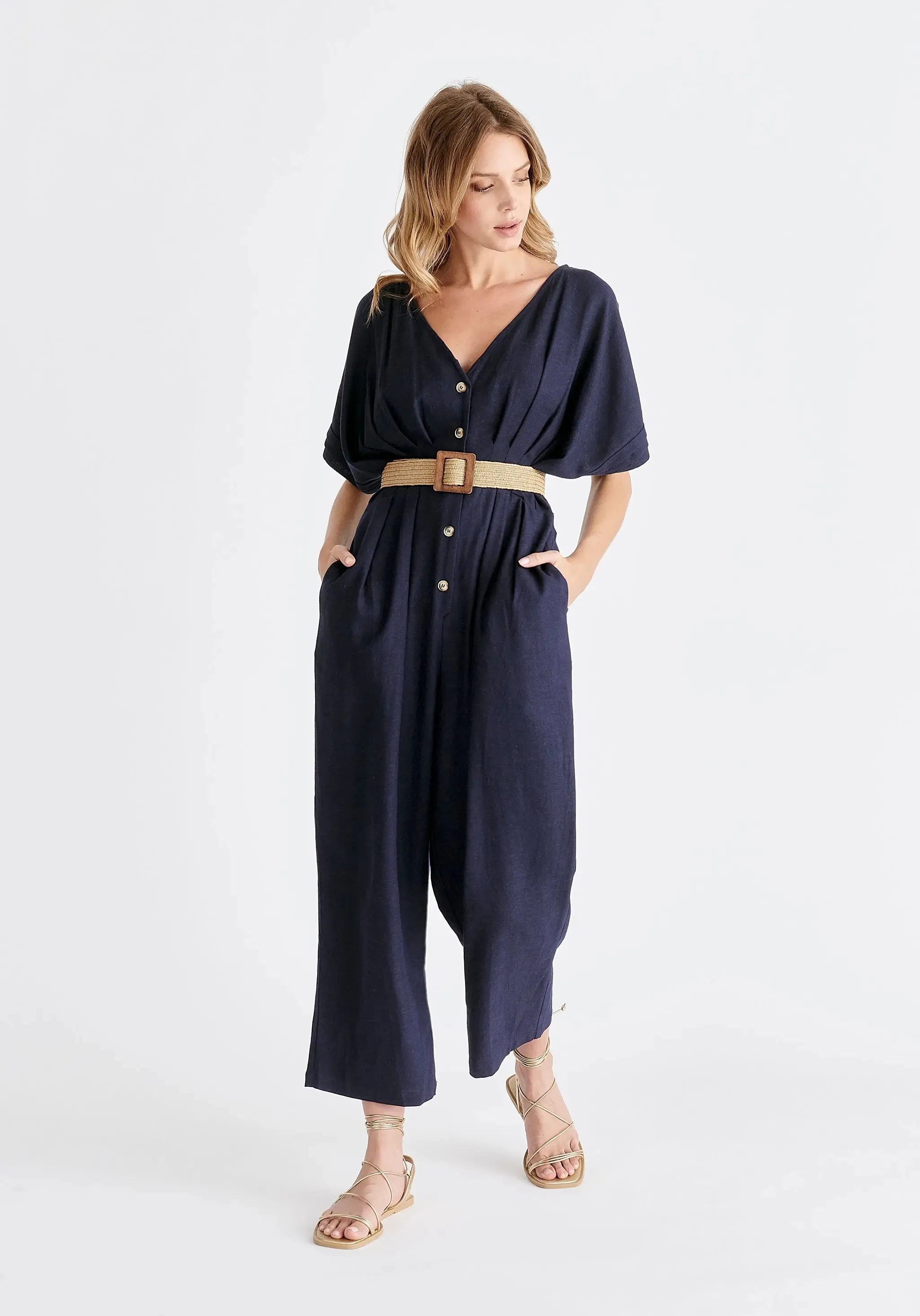 Navy Linen Blend Button Jumpsuit