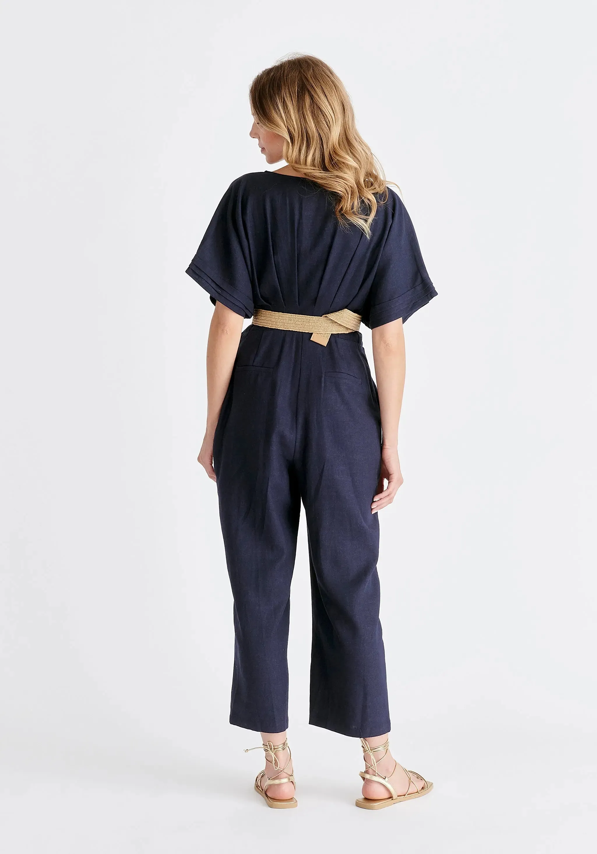 Navy Linen Blend Button Jumpsuit