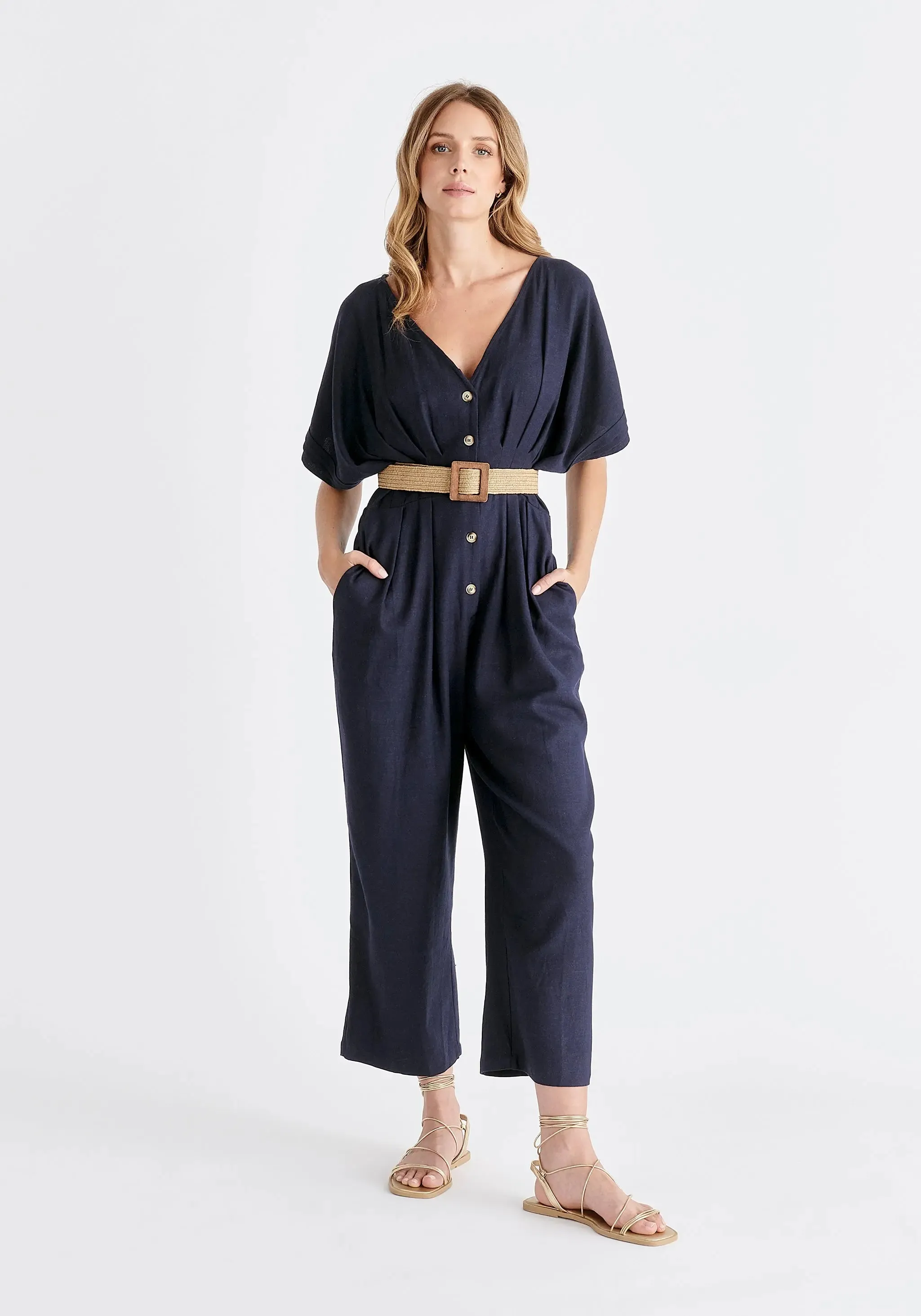 Navy Linen Blend Button Jumpsuit