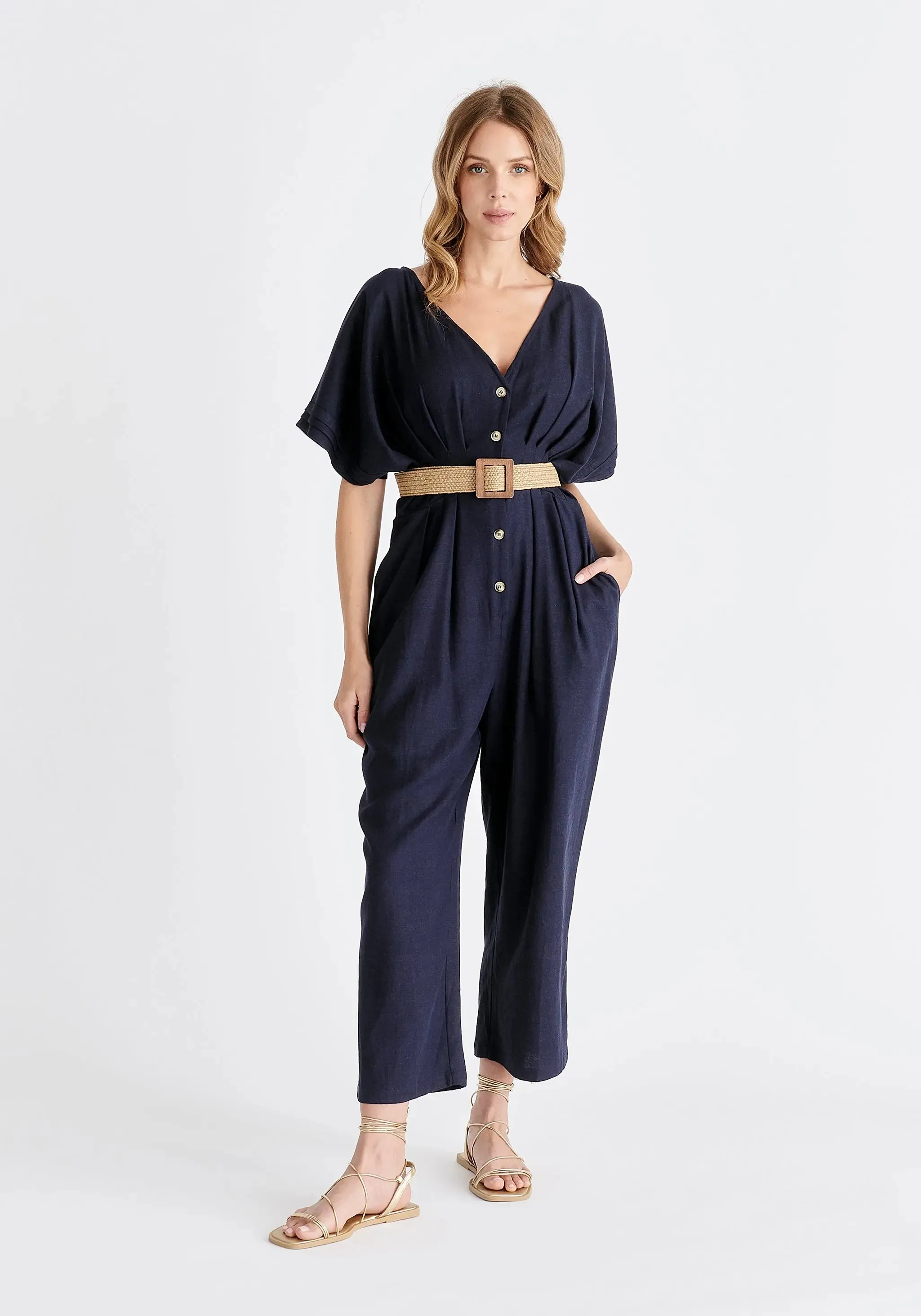 Navy Linen Blend Button Jumpsuit