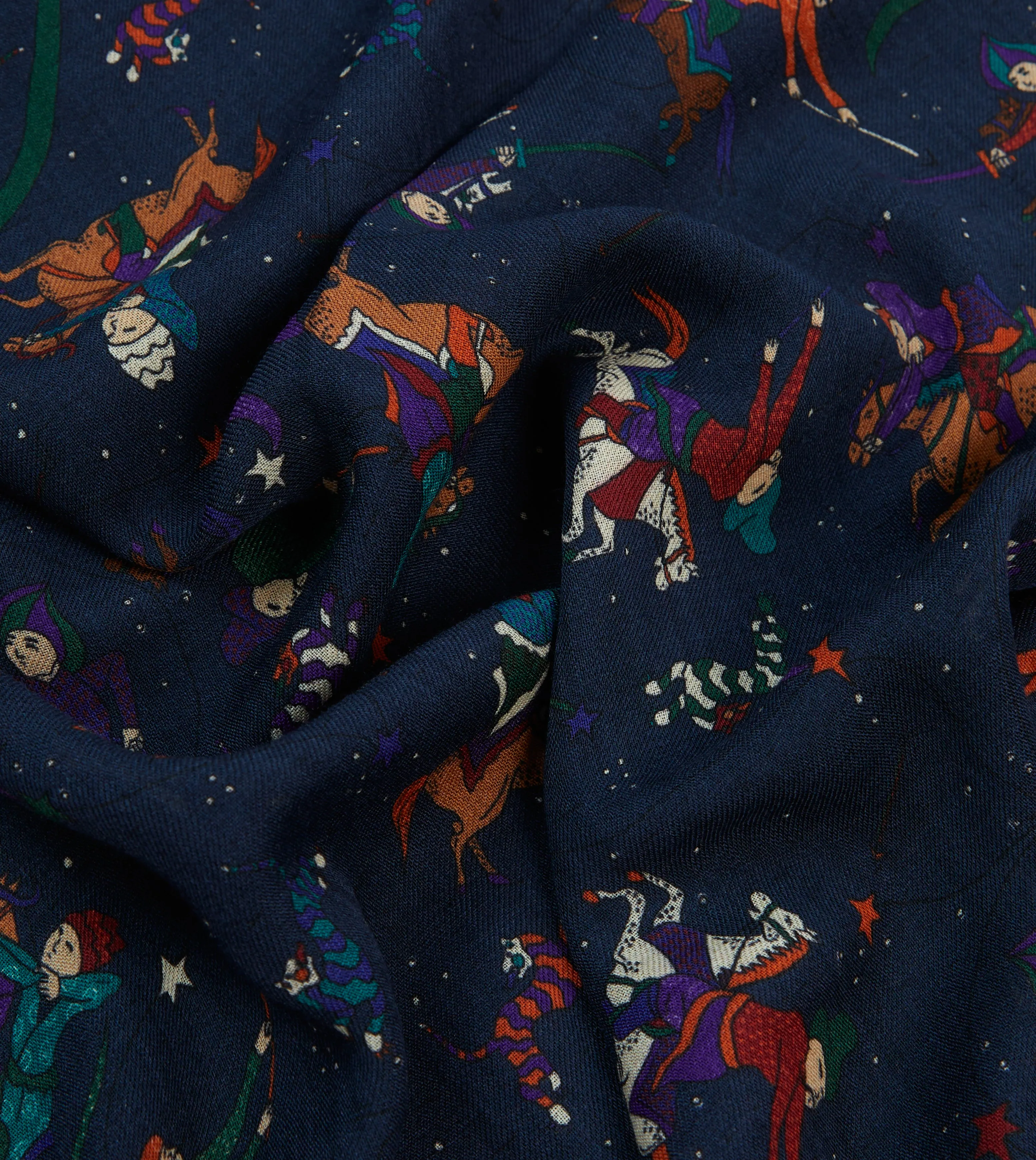 Navy Mughal and Stars Print Wool Scarf