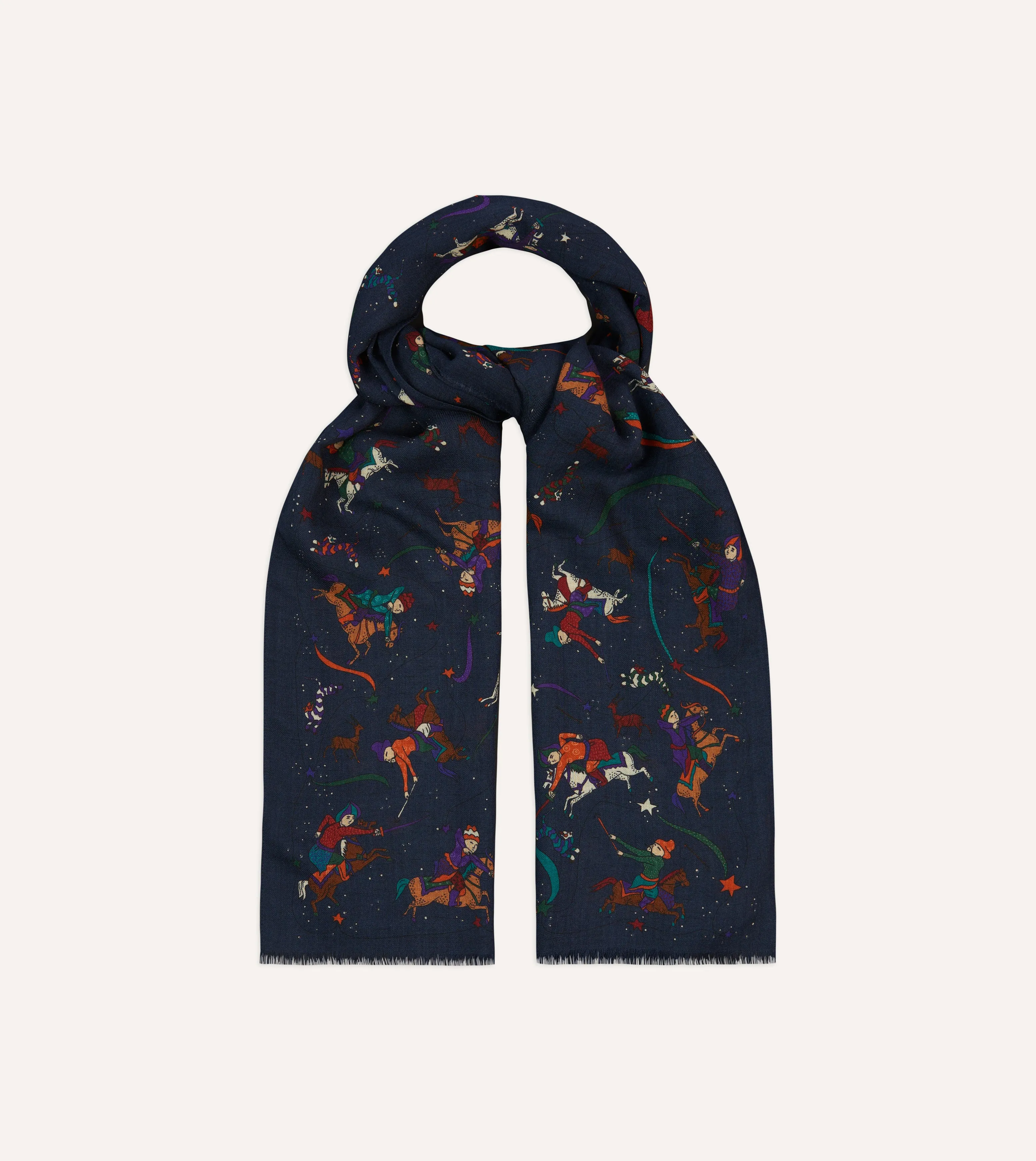 Navy Mughal and Stars Print Wool Scarf