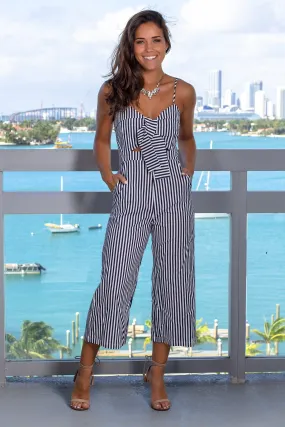 Navy Striped Jumpsuit with Front Tie