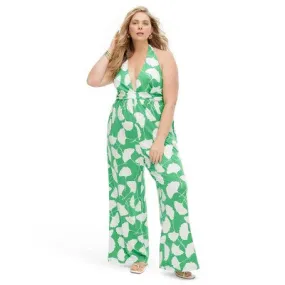 New - Diane von Furstenberg Women's Halter Jumpsuit Deep V-Neck, Ginkgo Green