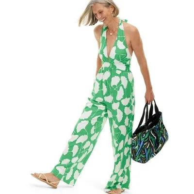 New - Diane von Furstenberg Women's Halter Jumpsuit Deep V-Neck, Ginkgo Green