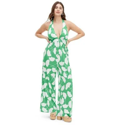 New - Diane von Furstenberg Women's Halter Jumpsuit Deep V-Neck, Ginkgo Green