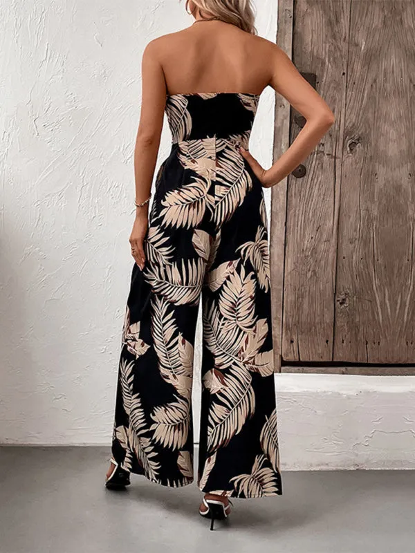 New fashion women's plant leaf print tube top jumpsuit