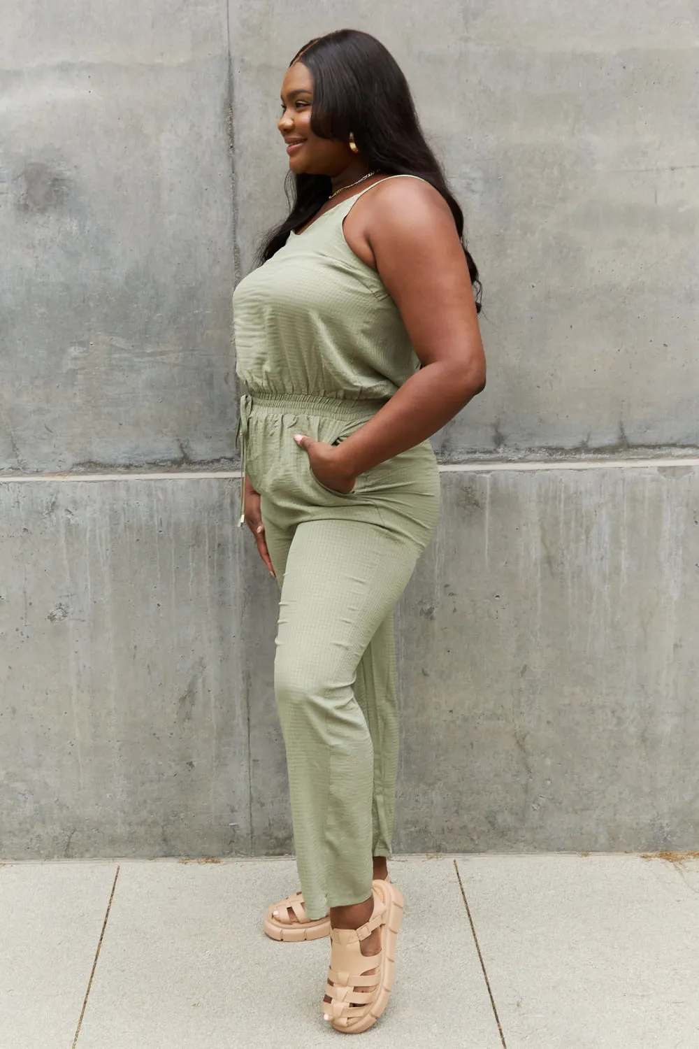 ODDI Full Size Textured Woven Jumpsuit in Sage - Ships from The USA