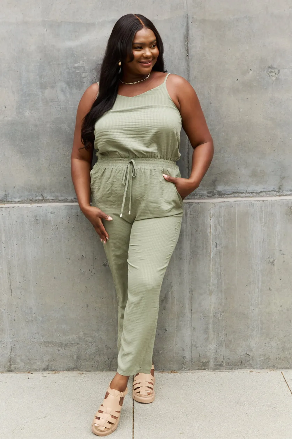 ODDI Full Size Textured Woven Jumpsuit in Sage - Ships from The USA