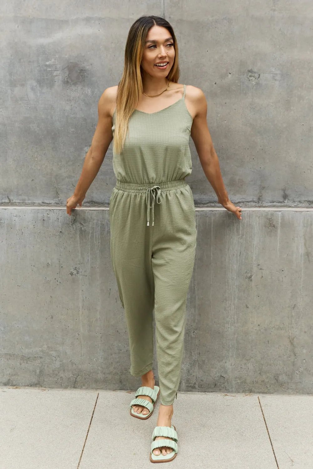 ODDI Full Size Textured Woven Jumpsuit in Sage - Ships from The USA