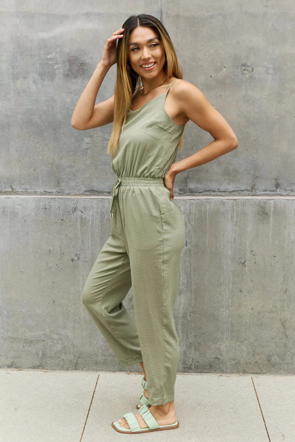 ODDI Full Size Textured Woven Jumpsuit in Sage - Ships from The USA