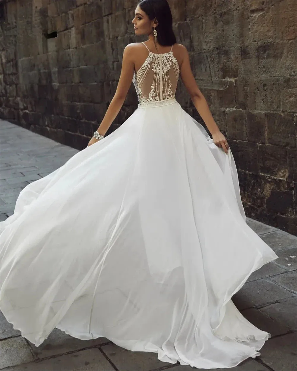 One Piece Boho Chiffon Jumpsuit Wedding Dress Backless Lace Bridal Gown