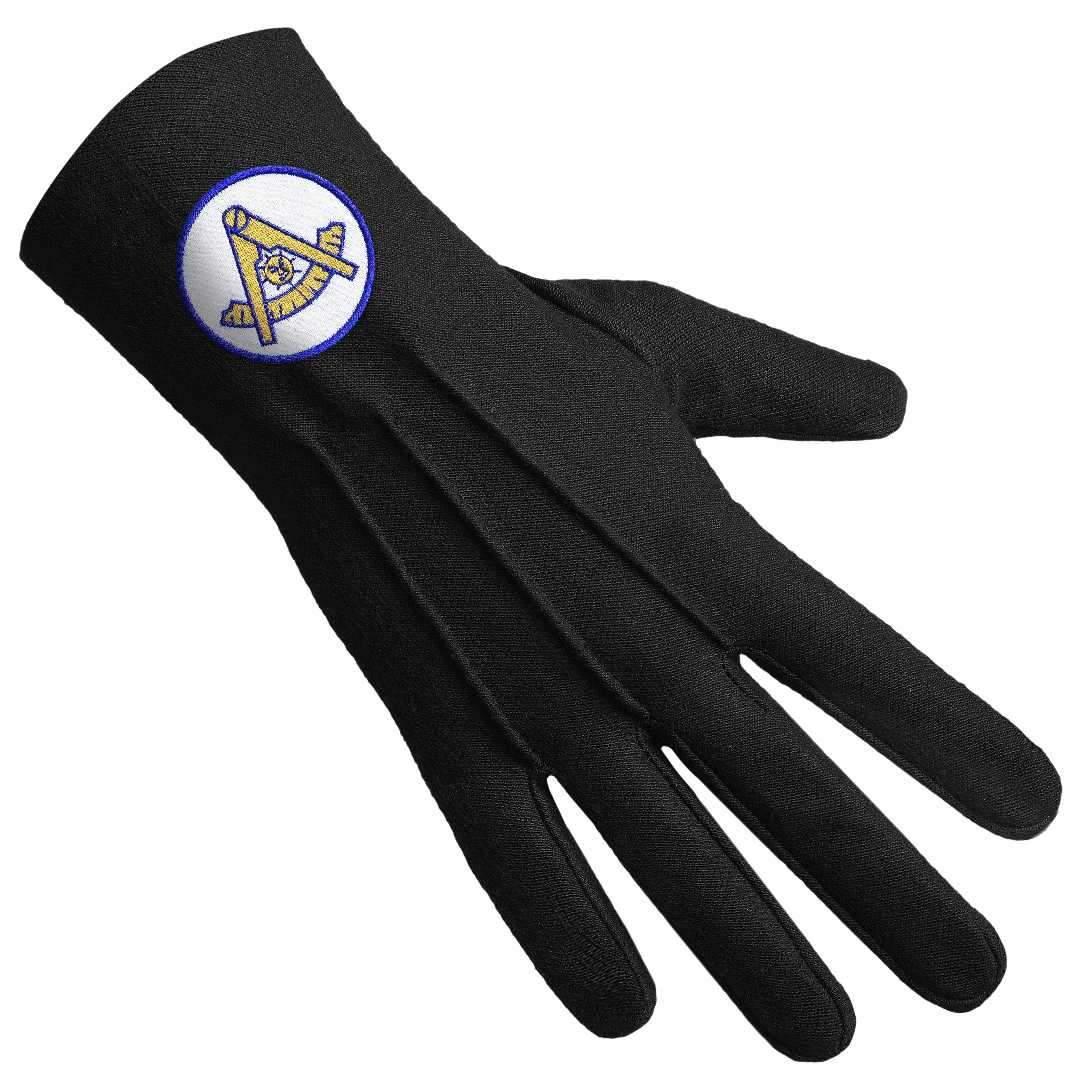 Past Master Blue Lodge California Regulation Gloves - Black With Gold Emblem With Blue Borders