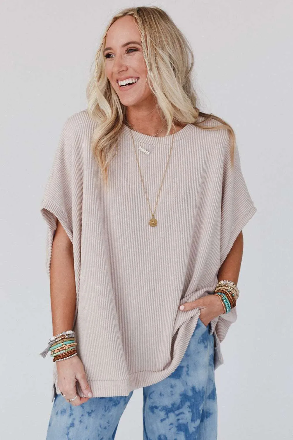 Plain Ribbed Knit Batwing Sleeve Tunic Oversized T-Shirt: Comfy, Cool, and Ready to Own Your Day! 😎✨