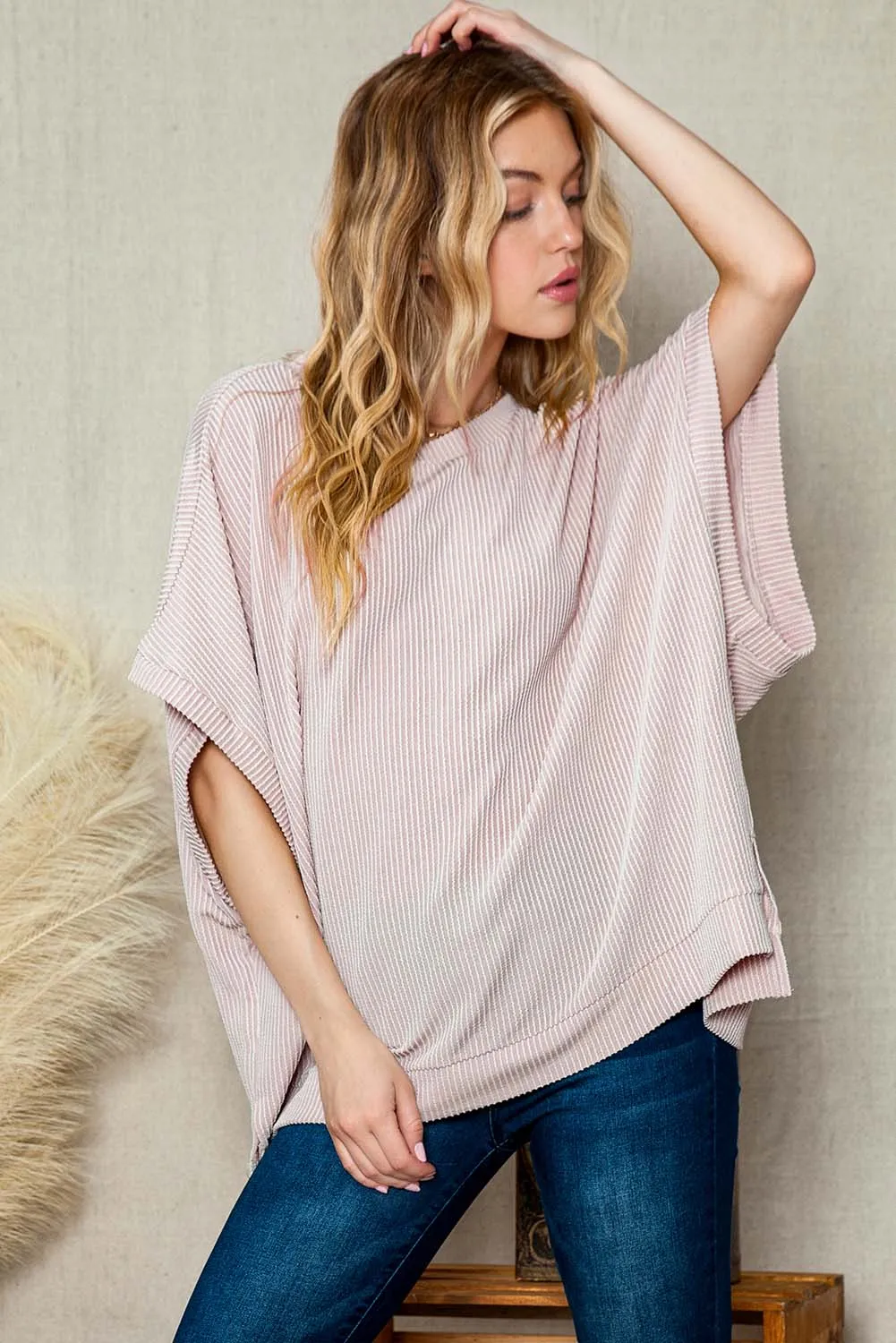 Plain Ribbed Knit Batwing Sleeve Tunic Oversized T-Shirt: Comfy, Cool, and Ready to Own Your Day! 😎✨