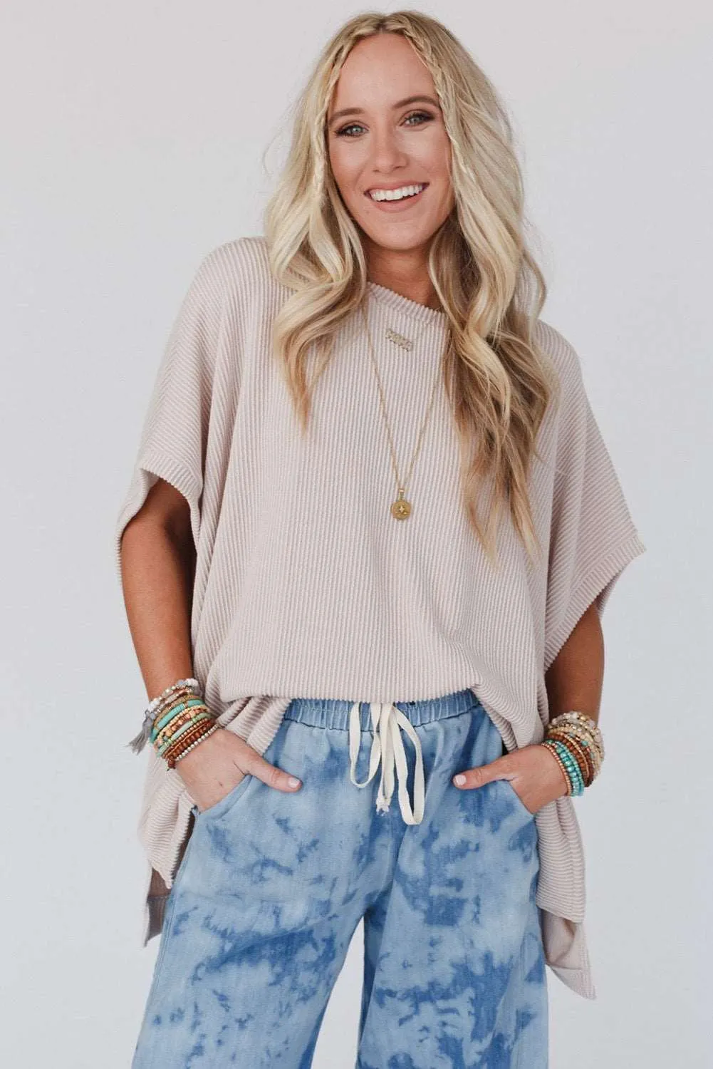 Plain Ribbed Knit Batwing Sleeve Tunic Oversized T-Shirt: Comfy, Cool, and Ready to Own Your Day! 😎✨