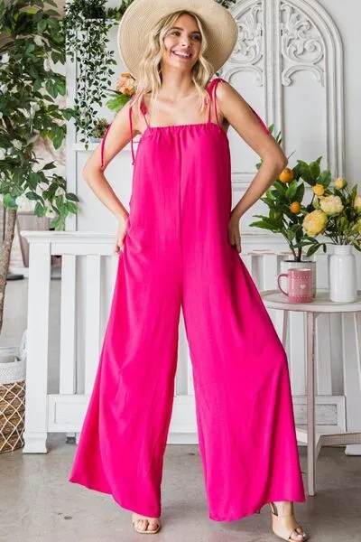 Pocketed Spaghetti Strap Wide Leg Jumpsuit