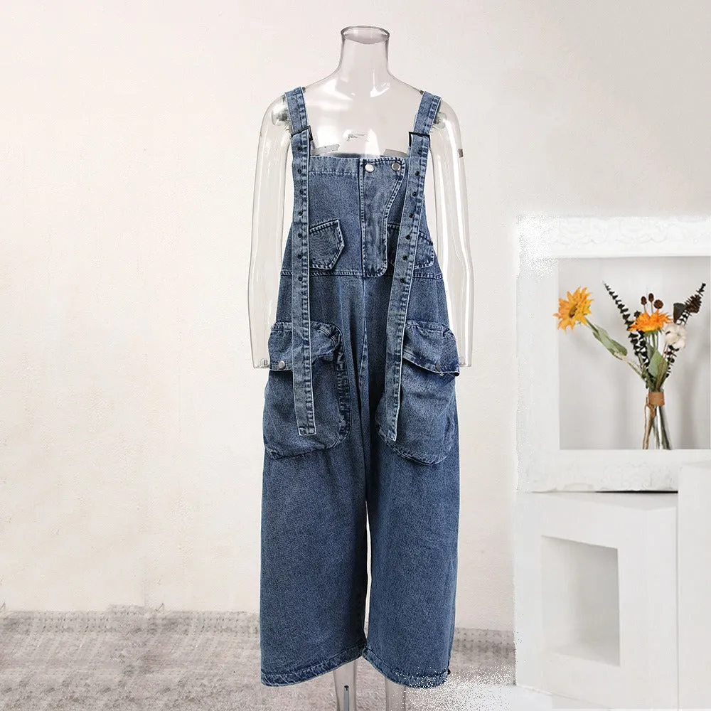 Pre Order:  Large 3D Pocket Shoulder Strap Denim Jumpsuit