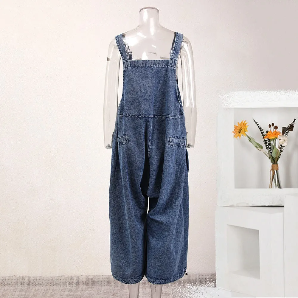 Pre Order:  Large 3D Pocket Shoulder Strap Denim Jumpsuit