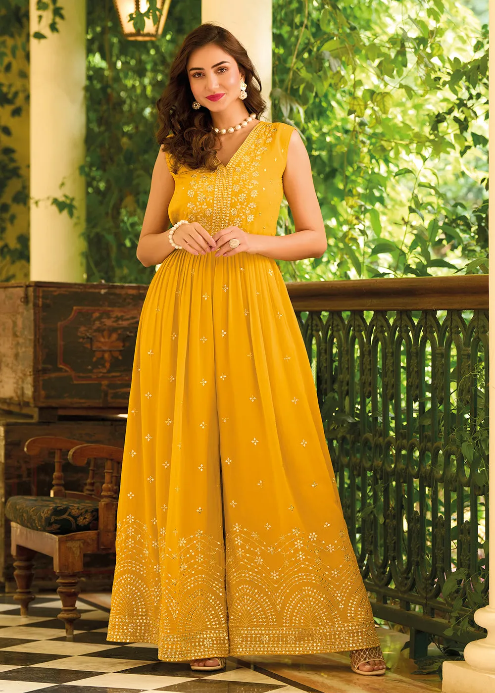 Pretty Yellow Indo-Western Embroidered Georgette Jumpsuit