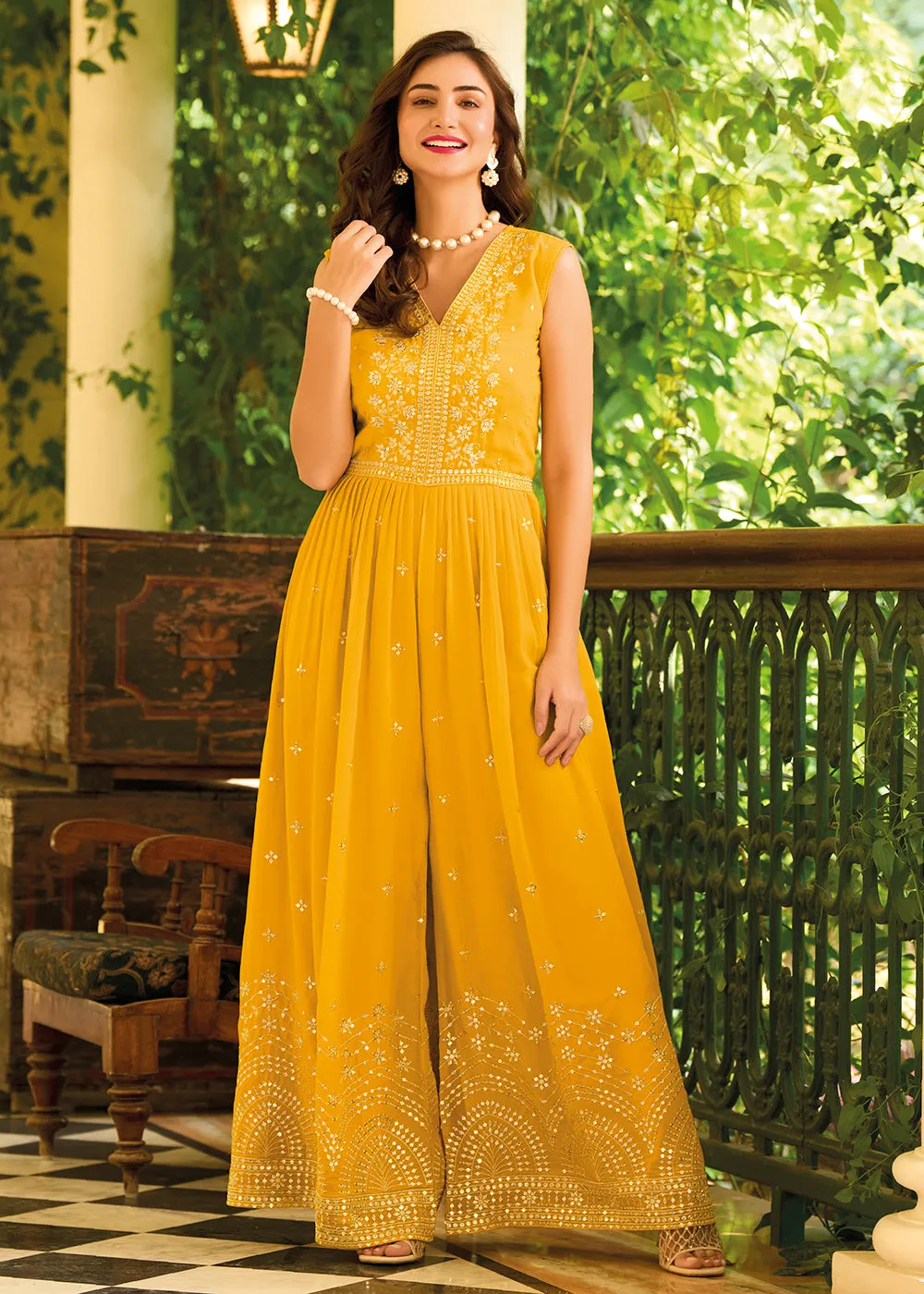 Pretty Yellow Indo-Western Embroidered Georgette Jumpsuit