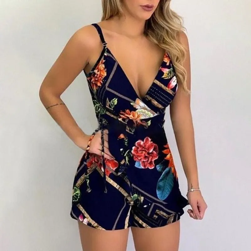 Print Slim V-Neck Sleeveless Romper