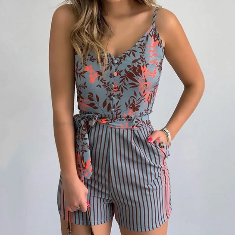 Print Slim V-Neck Sleeveless Romper