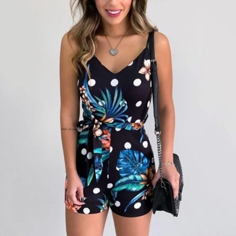 Print Slim V-Neck Sleeveless Romper