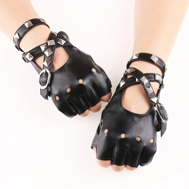 Punk Black Hollow Out Half Finger Rivet Gloves for Women