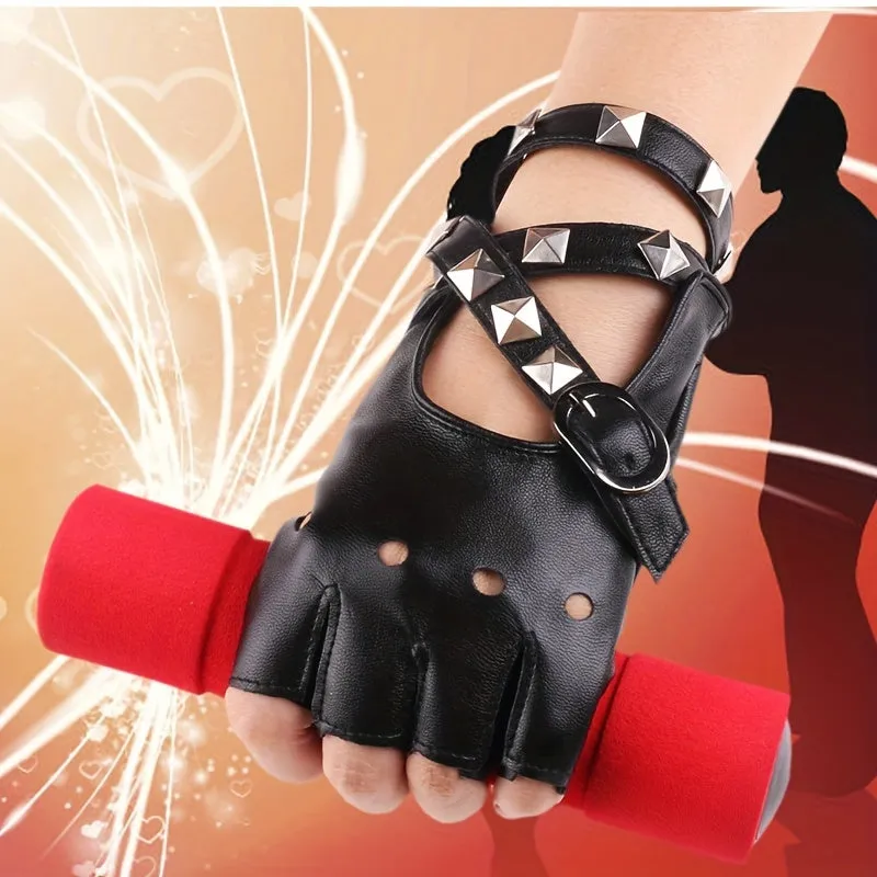 Punk Black Hollow Out Half Finger Rivet Gloves for Women