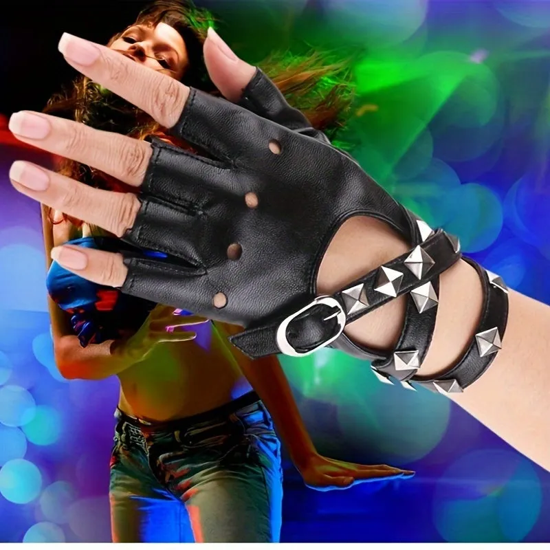 Punk Black Hollow Out Half Finger Rivet Gloves for Women