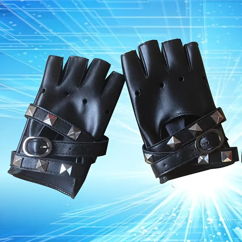 Punk Black Hollow Out Half Finger Rivet Gloves for Women