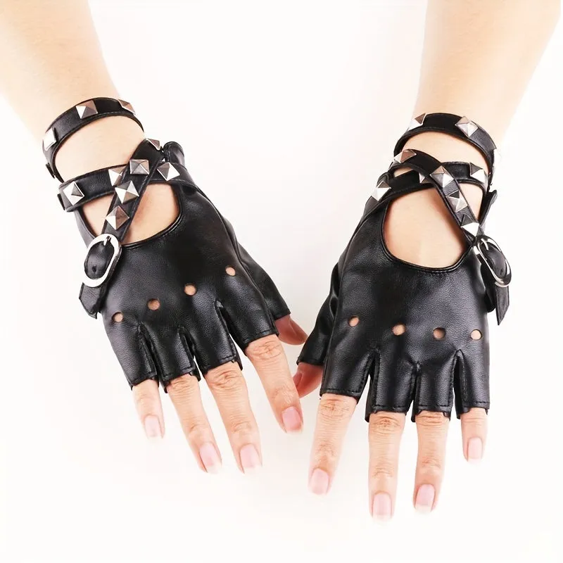 Punk Black Hollow Out Half Finger Rivet Gloves for Women