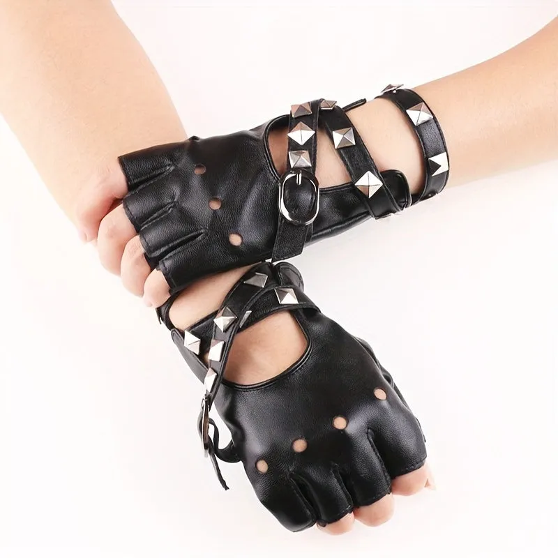 Punk Black Hollow Out Half Finger Rivet Gloves for Women