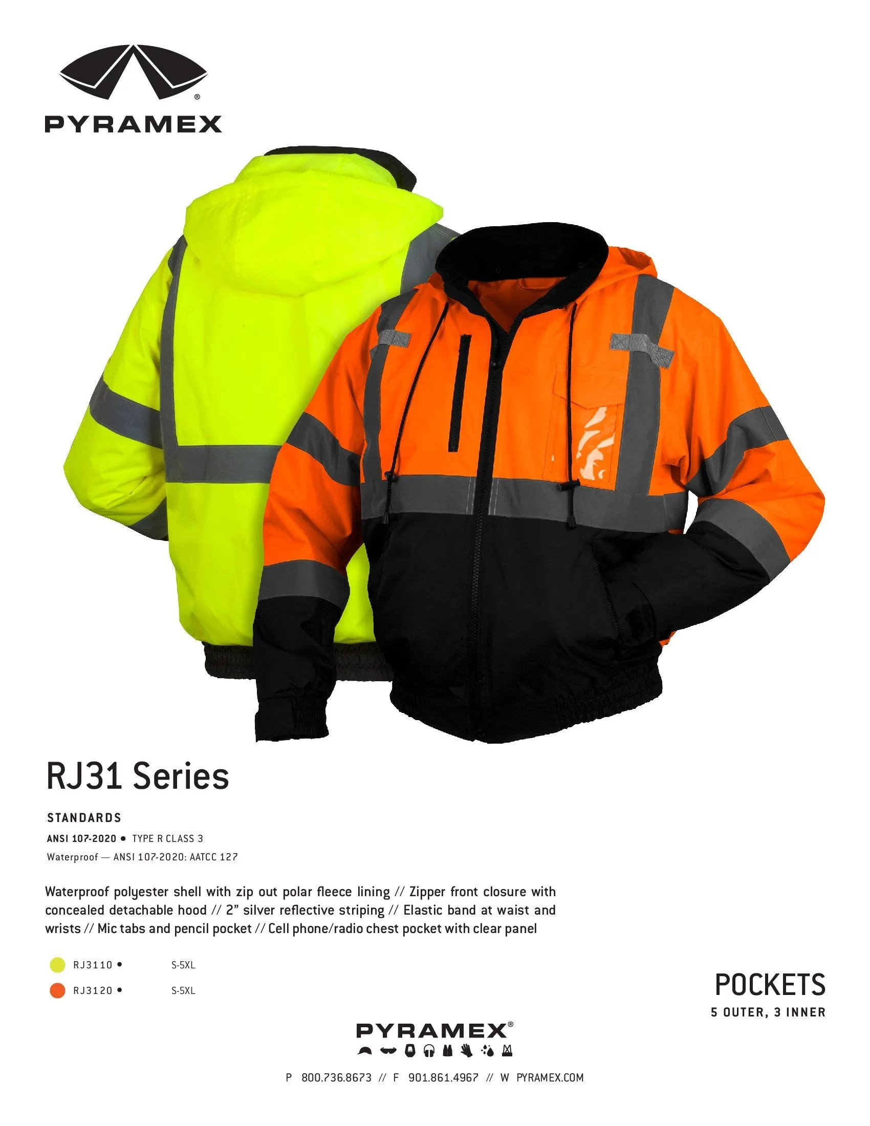 Pyramex® Hi Vis Waterproof Black Bottom Bomber Safety Jacket - Removable Fleece Liner - ANSI Class 3 - RJ31