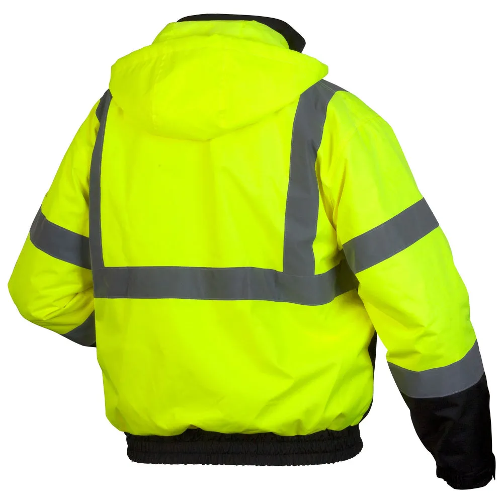 Pyramex® Hi Vis Waterproof Black Bottom Bomber Safety Jacket - Removable Fleece Liner - ANSI Class 3 - RJ31