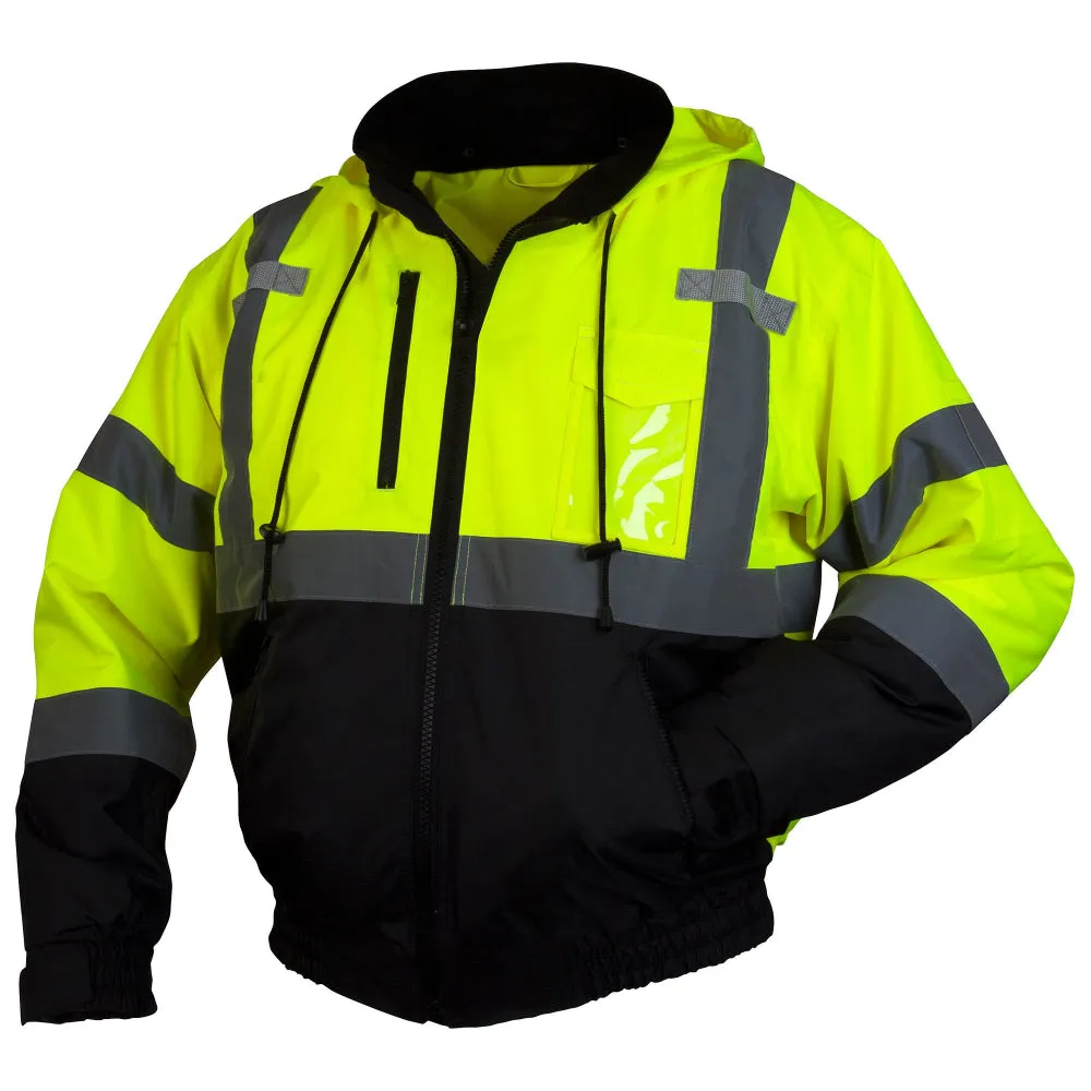 Pyramex® Hi Vis Waterproof Black Bottom Bomber Safety Jacket - Removable Fleece Liner - ANSI Class 3 - RJ31