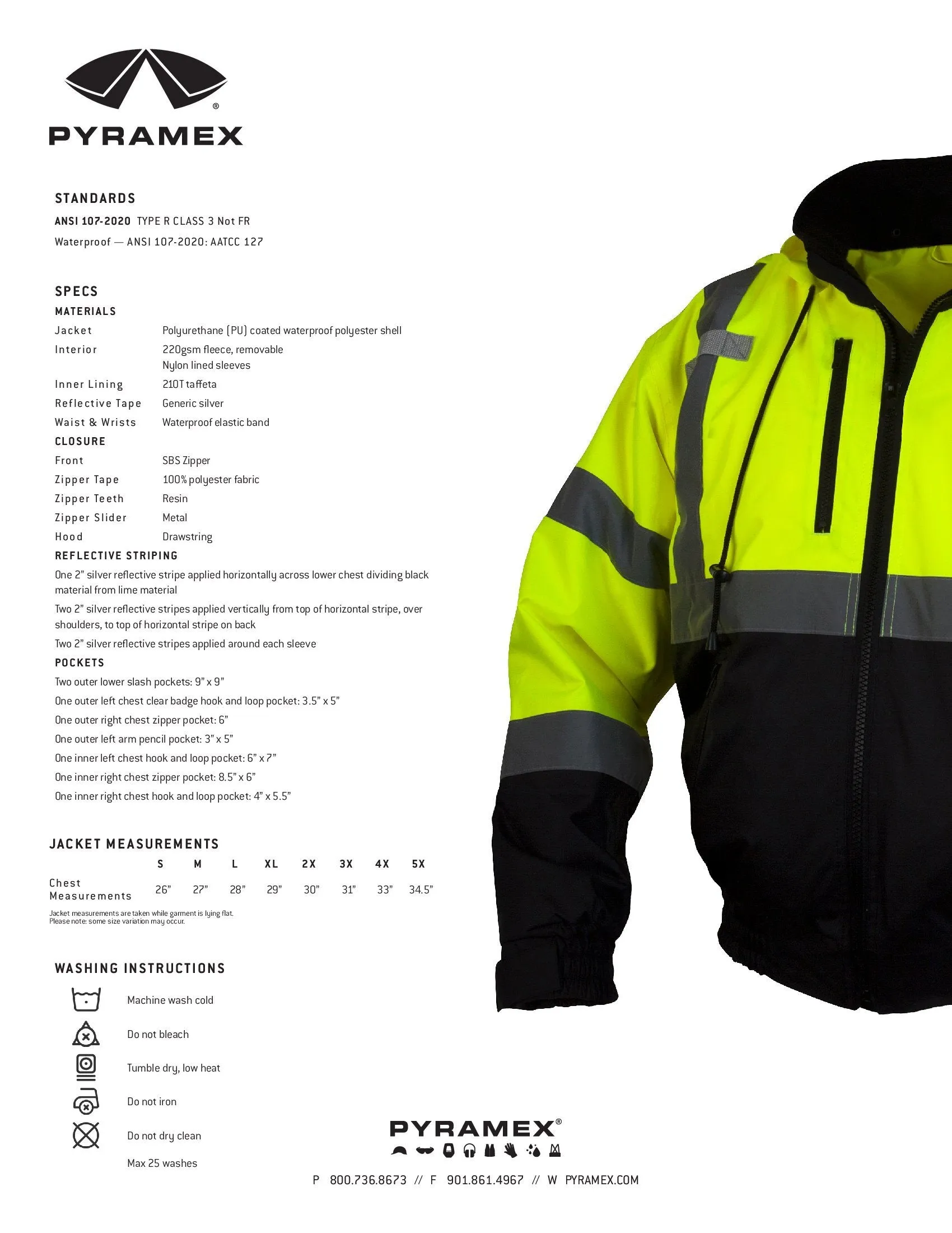 Pyramex® Hi Vis Waterproof Black Bottom Bomber Safety Jacket - Removable Fleece Liner - ANSI Class 3 - RJ31