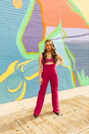 Rhinestone Cut Out Jumpsuit - Magenta