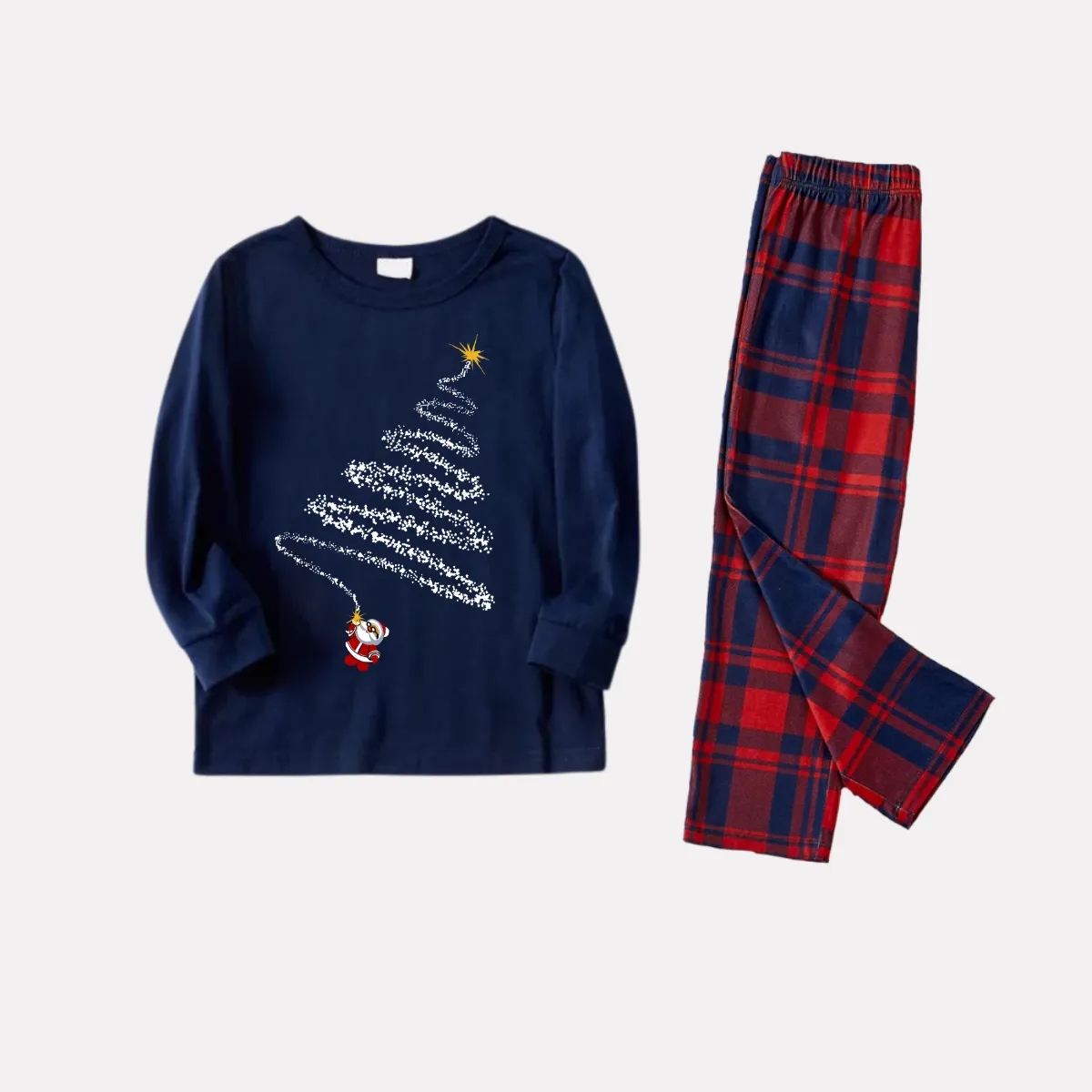 Santa Claus Print Blue Long Sleeve Top with Red & Blue Plaid Christmas Family Matching Pajamas