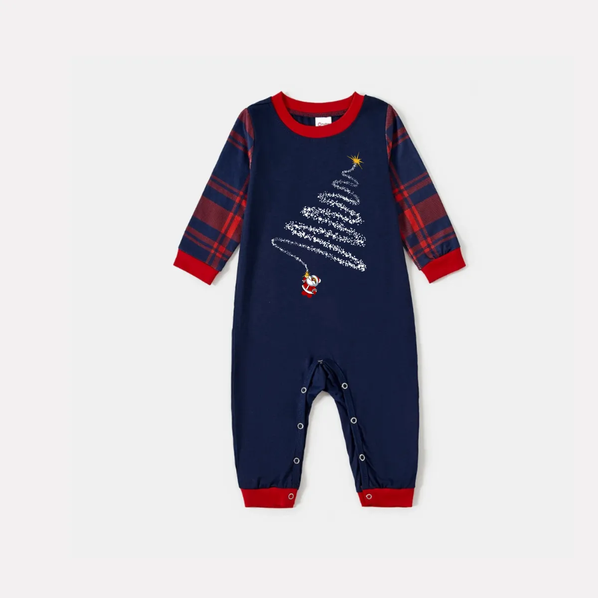 Santa Claus Print Blue Long Sleeve Top with Red & Blue Plaid Christmas Family Matching Pajamas