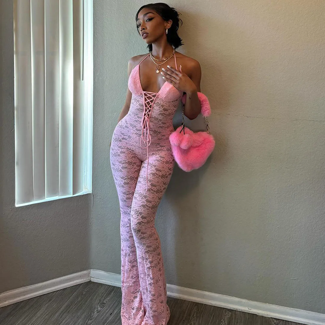 Sexy Halter Neck Lace Up Front Sheer Lace Flared Jumpsuit - Pink