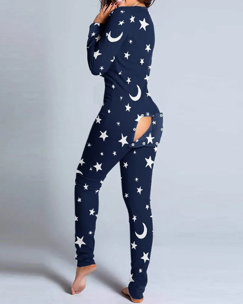 Sexy Pajama for Women Christmas Pajamas New Year Jumpsuit Sleepwear Button-down Front Back Butt Bum Open Ass Flap Jumpsuit Xmas Print Loungewear