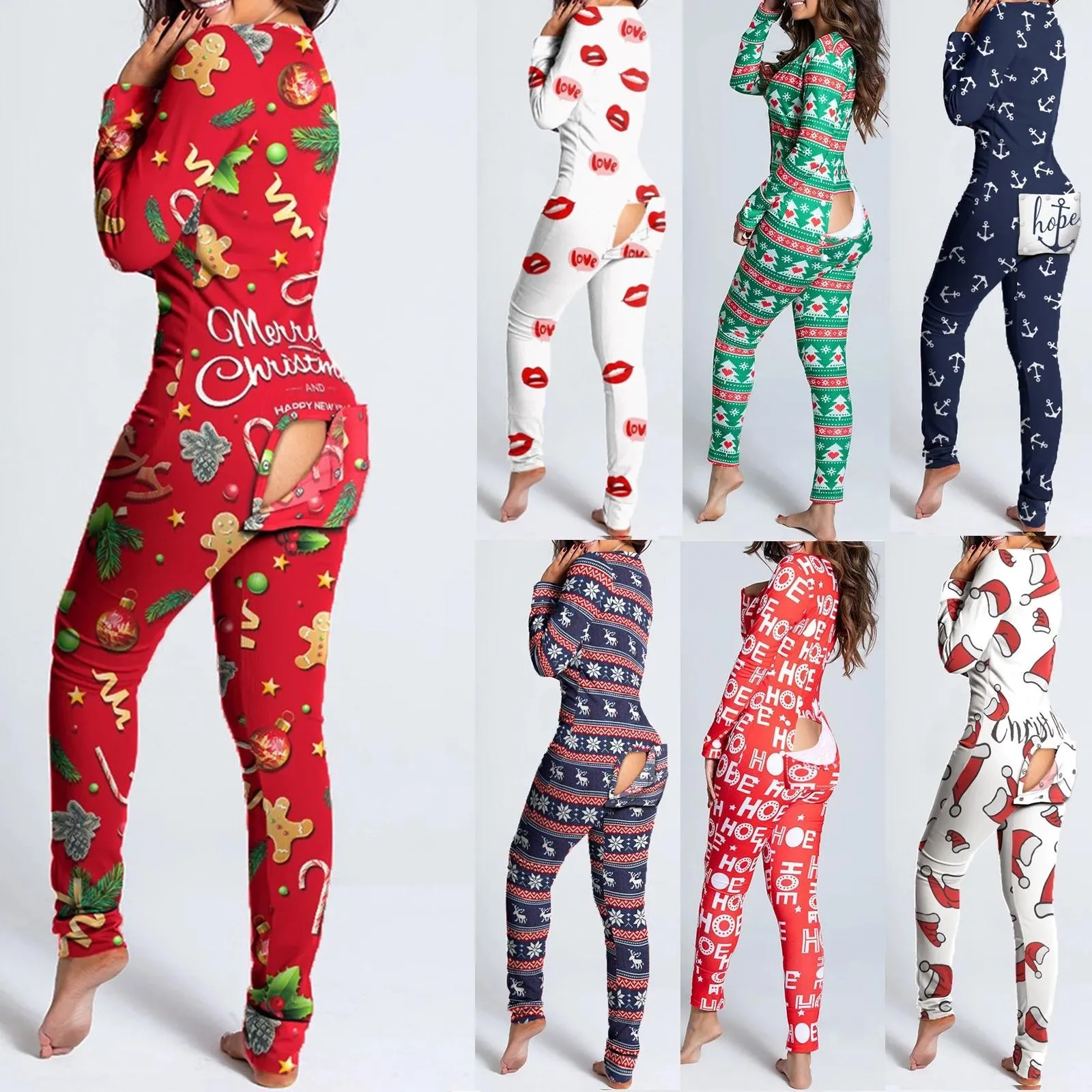 Sexy Pajama for Women Christmas Pajamas New Year Jumpsuit Sleepwear Button-down Front Back Butt Bum Open Ass Flap Jumpsuit Xmas Print Loungewear