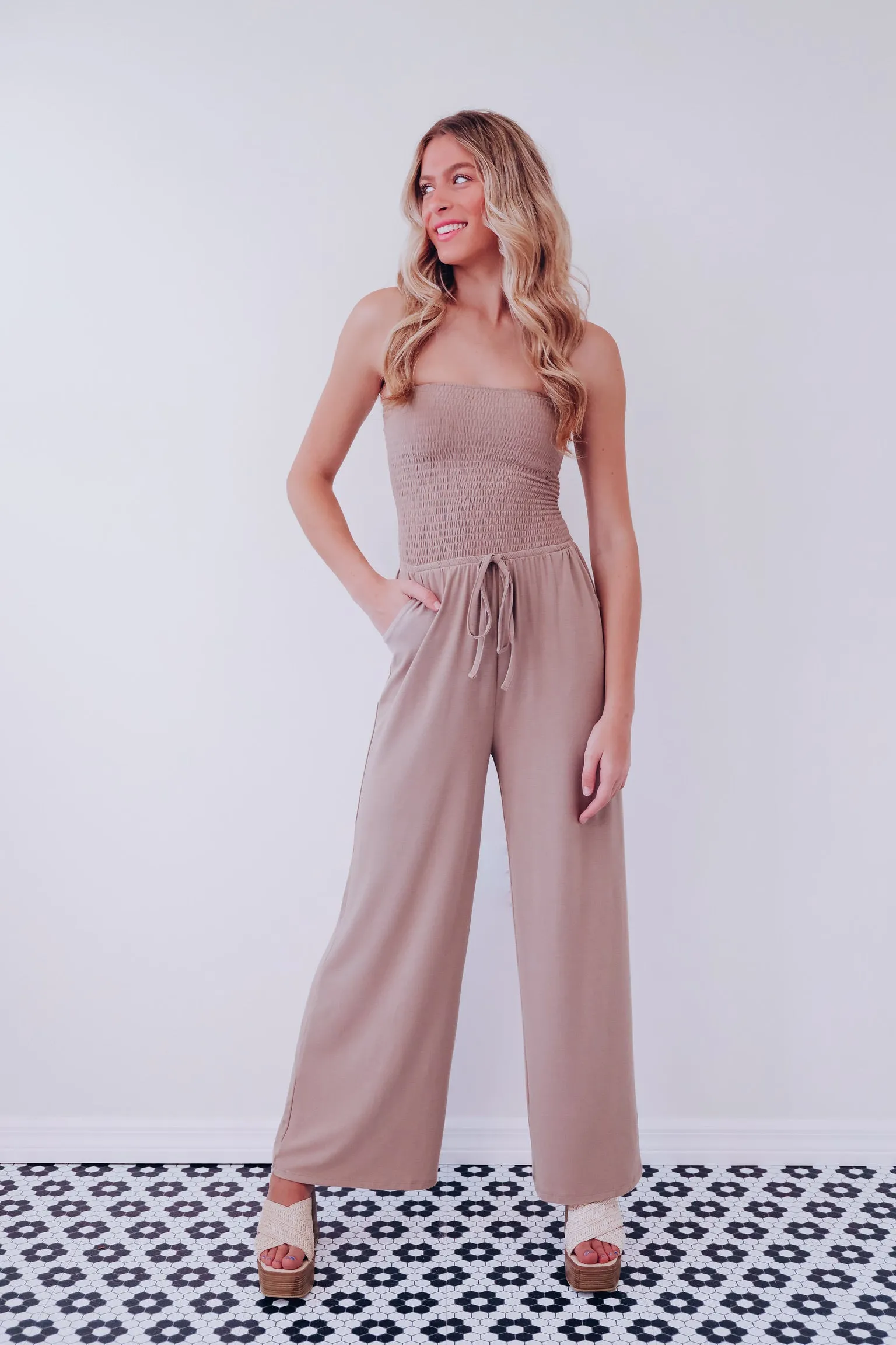 Sia Strapless Wide Leg Jumpsuit - Mocha